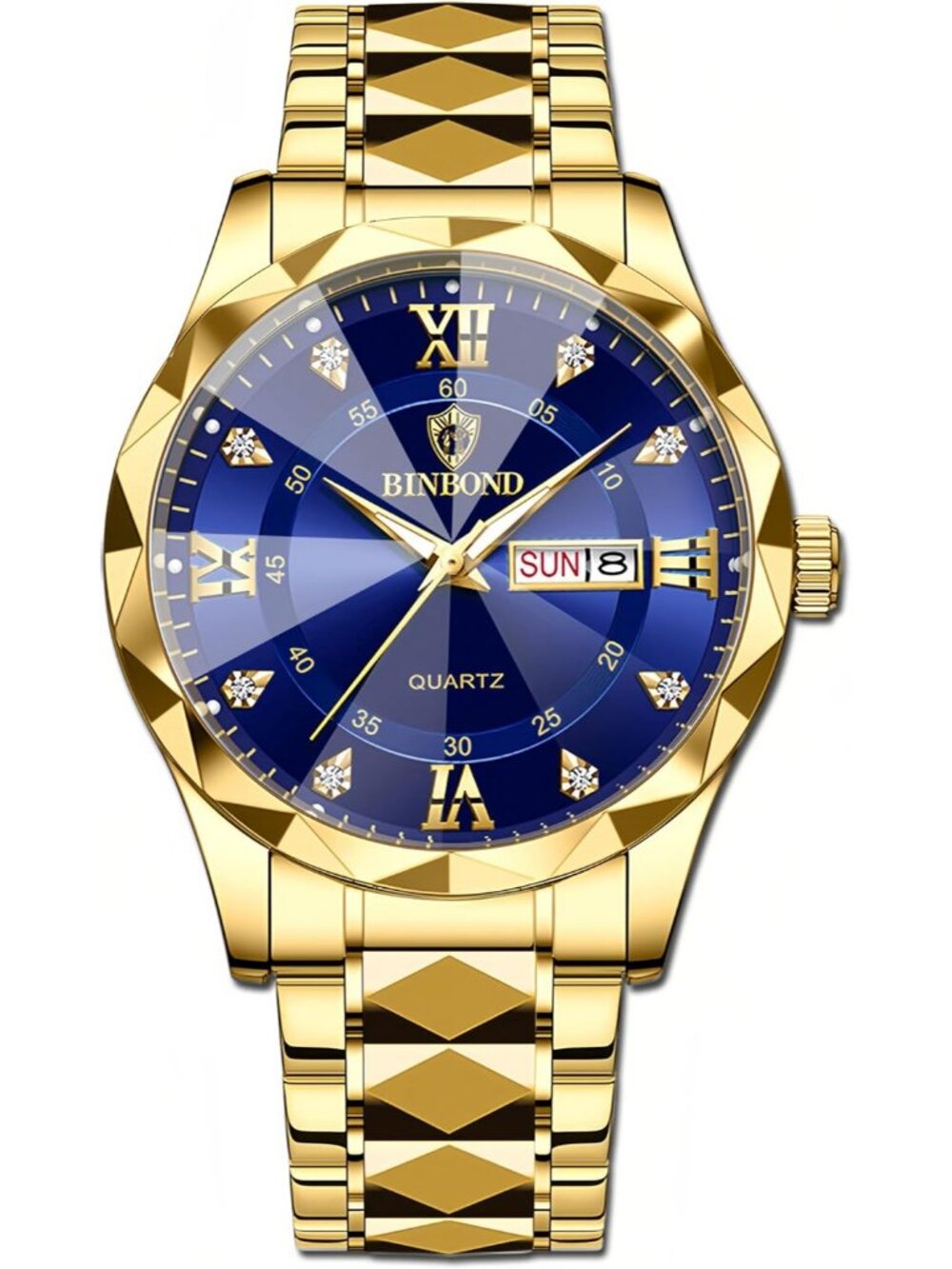 Mens Gold And Blue Analog Stainless Steel Roman Numeral Diamond Waterproof Watch